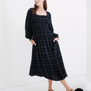 Madewell Navy Plaid Long Sleeve Dress